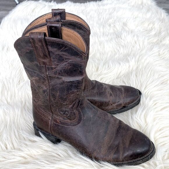 Ariat Brown Leather Stitching Design Block Heel Western Boots Pull On Men’s sz 7 main image 5